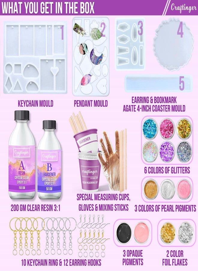 Craftinger مجموعة كرافتينجر المطورة المتكاملة مع 200 غرام من الراتنج و5 قوالب لصنع سلاسل المفاتيح والقلائد والأقراط والفواصل المرجعية، متعددة الألوان - Image 2